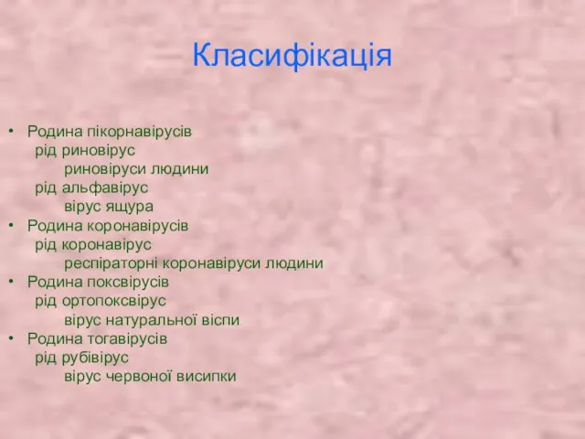 Класифікація Родина пікорнавірусів рід риновірус риновіруси людини рід альфавірус вірус ящура Родина