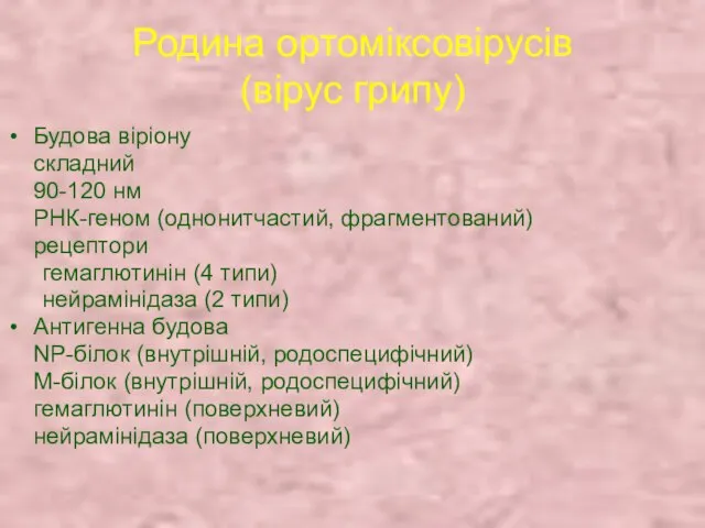 Родина ортоміксовірусів (вірус грипу) Будова віріону складний 90-120 нм РНК-геном (однонитчастий, фрагментований)