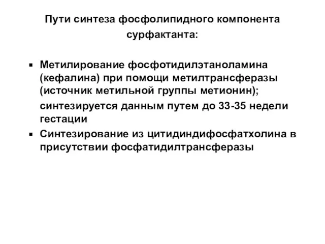 Пути синтеза фосфолипидного компонента сурфактанта: Метилирование фосфотидилэтаноламина (кефалина) при помощи метилтрансферазы (источник