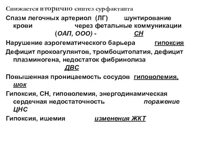 Снижается вторично синтез сурфактанта Спазм легочных артериол (ЛГ) шунтирование крови через фетальные