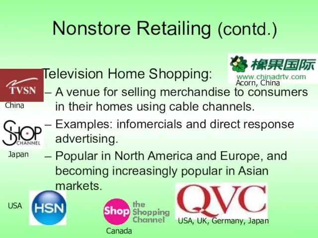 Nonstore Retailing (contd.) Television Home Shopping: A venue for selling merchandise to