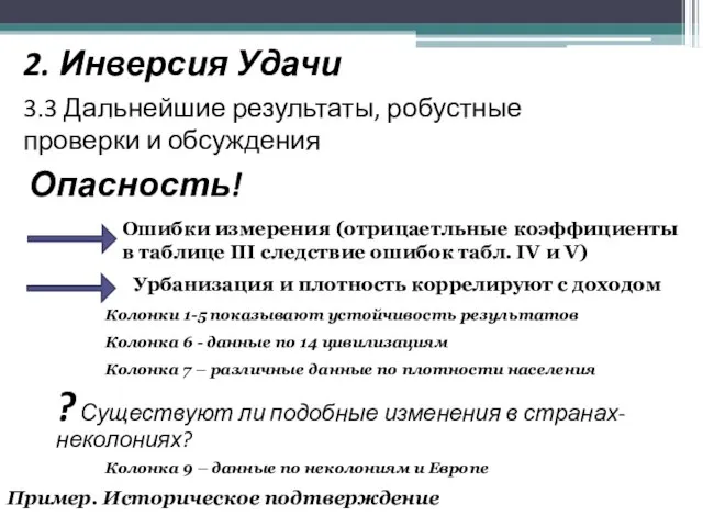 2. Инверсия Удачи 3.3 Дальнейшие результаты, робустные проверки и обсуждения Опасность! Ошибки