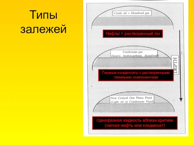 Типы залежей Нефтьl + растворенный газ Газовые конденсаты с растворенными тяжелыми компонентами