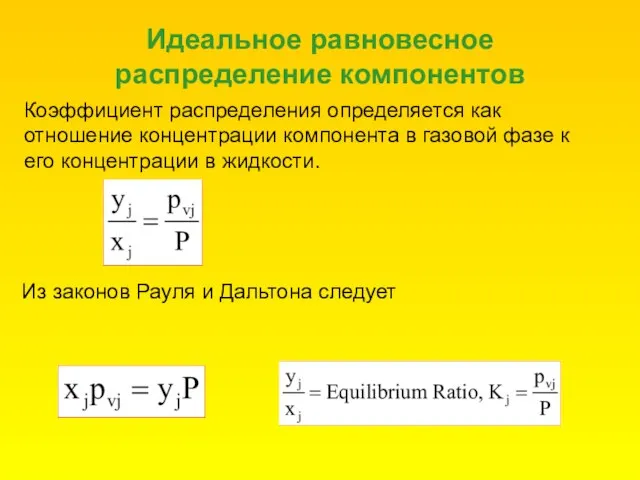 Идеальное равновесное распределение компонентов Коэффициент распределения определяется как отношение концентрации компонента в