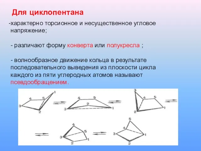 Для циклопентана характерно торсионное и несущественное угловое напряжение; - различают форму конверта