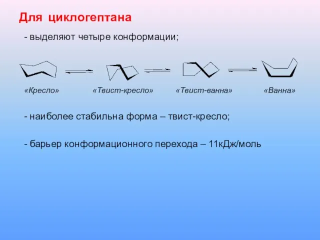 Для циклогептана - выделяют четыре конформации; «Кресло» «Твист-кресло» «Твист-ванна» «Ванна» - наиболее