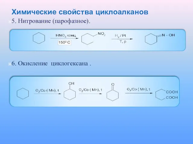 Химические свойства циклоалканов 5. Нитрование (парофазное). 6. Окисление циклогексана .