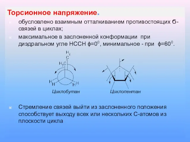 Торсионное напряжение. обусловлено взаимным отталкиванием противостоящих Ϭ-связей в циклах; максимальное в заслоненной