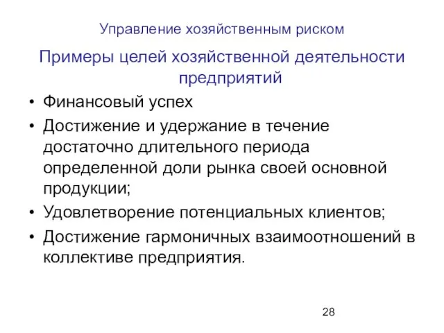 Управление хозяйственным риском Примеры целей хозяйственной деятельности предприятий Финансовый успех Достижение и