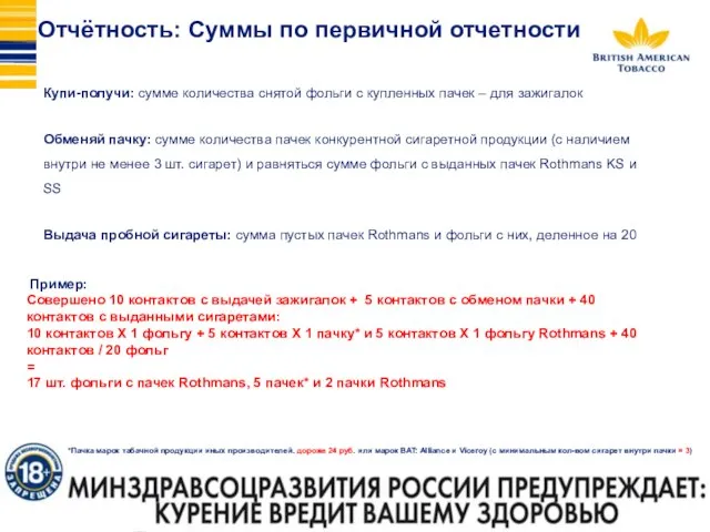 Отчётность: Суммы по первичной отчетности Пример: Совершено 10 контактов с выдачей зажигалок