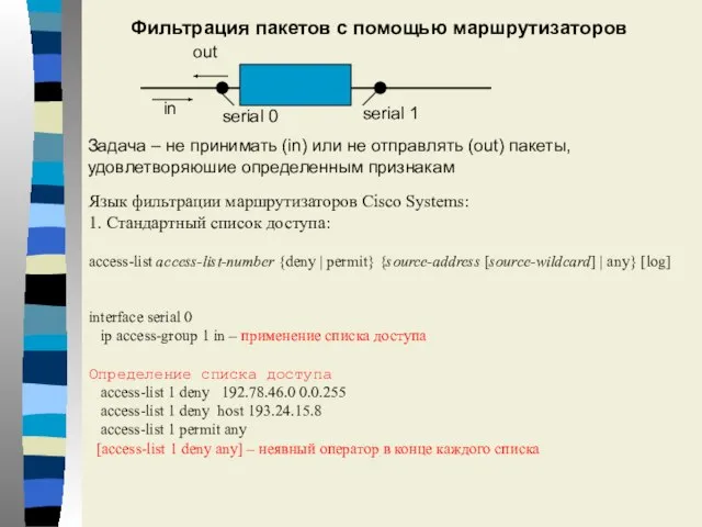 Фильтрация пакетов с помощью маршрутизаторов Язык фильтрации маршрутизаторов Cisco Systems: 1. Стандартный