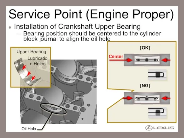 Service Point (Engine Proper) Installation of Crankshaft Upper Bearing Bearing position should