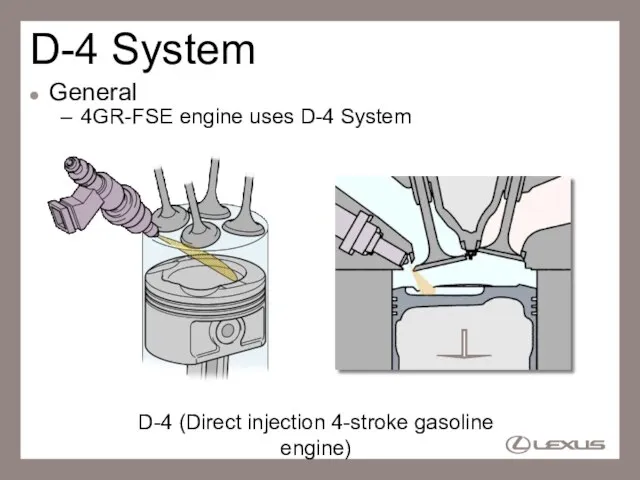 D-4 System General 4GR-FSE engine uses D-4 System D-4 (Direct injection 4-stroke gasoline engine)