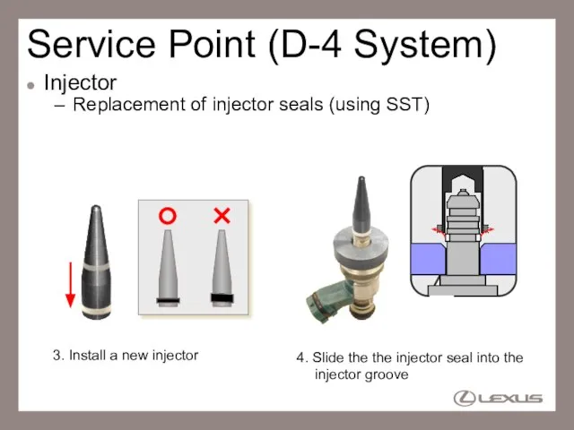 Service Point (D-4 System) Injector Replacement of injector seals (using SST) 3.