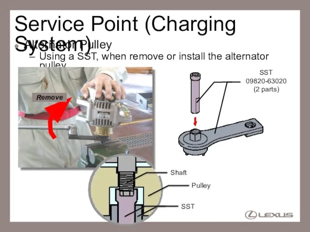 Service Point (Charging System) Alternator Pulley Using a SST, when remove or