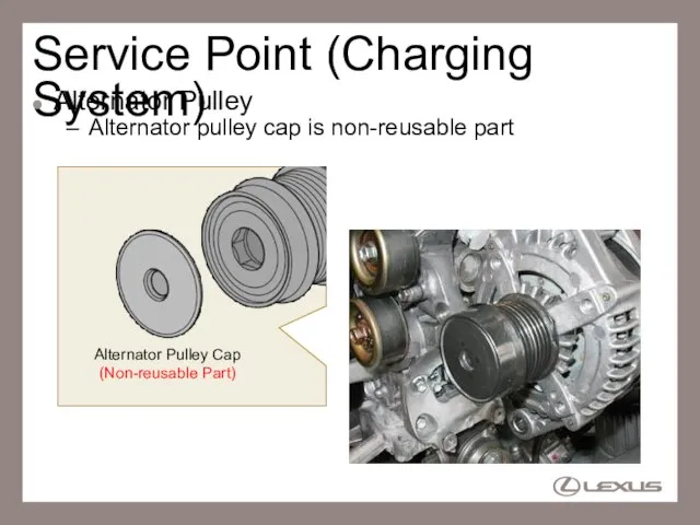 Service Point (Charging System) Alternator Pulley Alternator pulley cap is non-reusable part