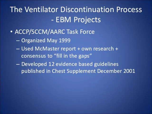 The Ventilator Discontinuation Process - EBM Projects ACCP/SCCM/AARC Task Force Organized May