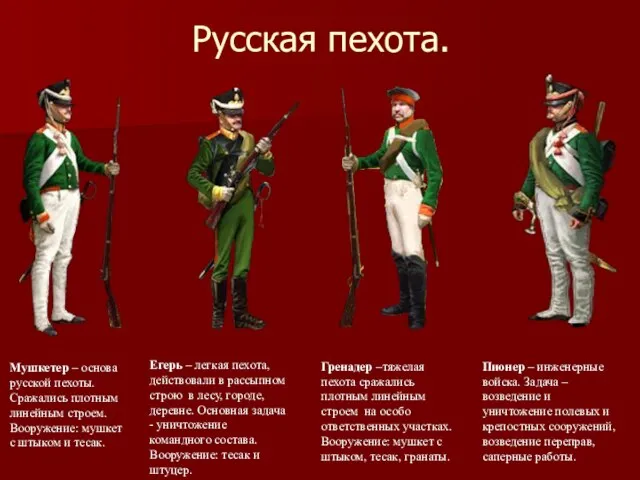 Русская пехота. Мушкетер – основа русской пехоты. Сражались плотным линейным строем. Вооружение: