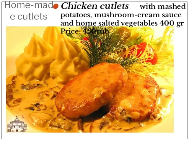 Home-made cutlets Chicken cutlets with mashed potatoes, mushroom-cream sauce and home salted