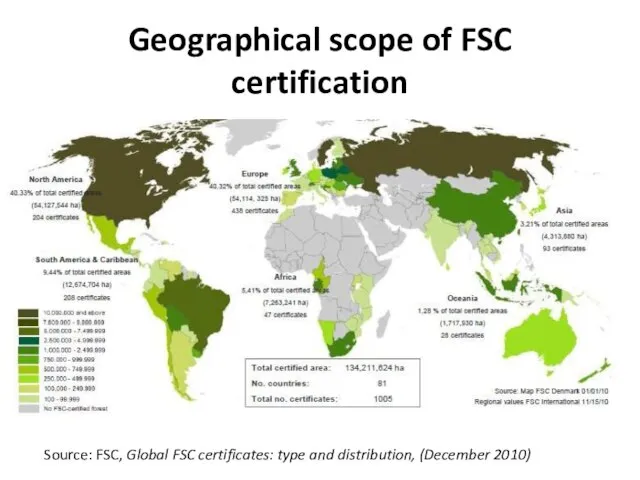 Geographical scope of FSC certification Source: FSC, Global FSC certificates: type and distribution, (December 2010)