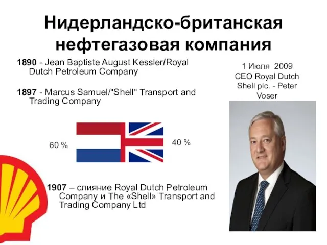 Нидерландско-британская нефтегазовая компания 1907 – слияние Royal Dutch Petroleum Company и The