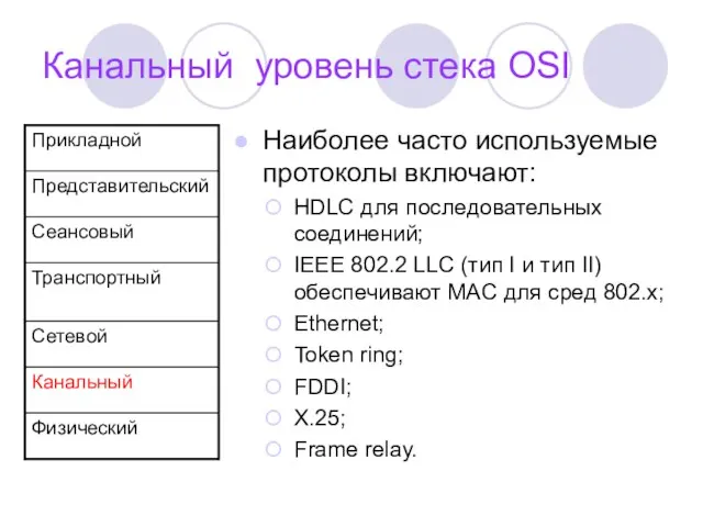 Канальный уровень стека OSI Наиболее часто используемые протоколы включают: HDLC для последовательных