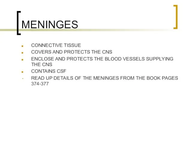 MENINGES CONNECTIVE TISSUE COVERS AND PROTECTS THE CNS ENCLOSE AND PROTECTS THE