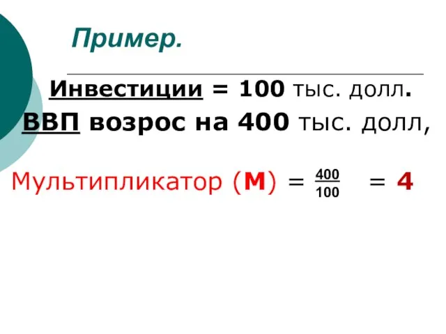 Пример. Инвестиции = 100 тыс. долл. ВВП возрос на 400 тыс. долл,