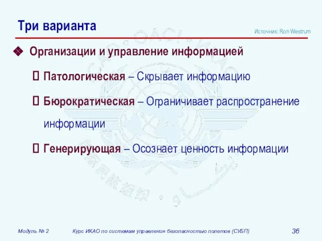 Три варианта Организации и управление информацией Патологическая – Скрывает информацию Бюрократическая –