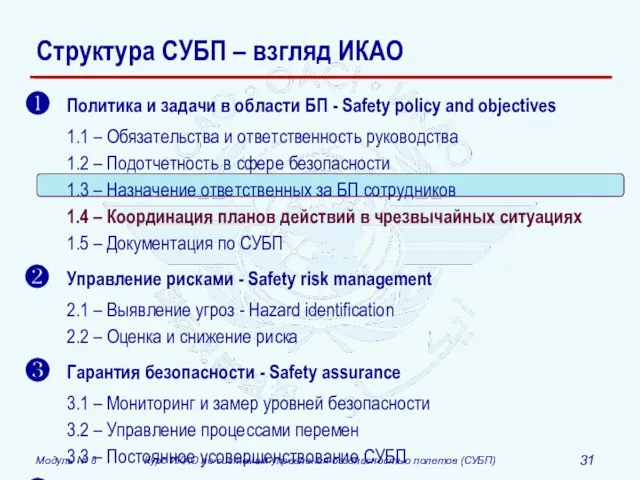 Структура СУБП – взгляд ИКАО Политика и задачи в области БП -