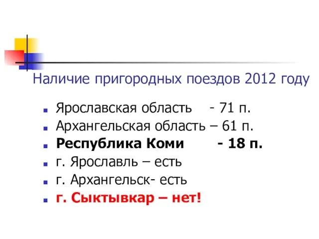 Наличие пригородных поездов 2012 году Ярославская область - 71 п. Архангельская область