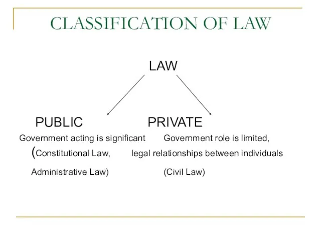 CLASSIFICATION OF LAW LAW PUBLIC PRIVATE Government acting is significant Government role