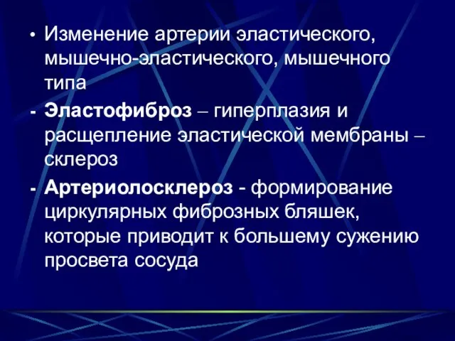 Изменение артерии эластического, мышечно-эластического, мышечного типа Эластофиброз – гиперплазия и расщепление эластической