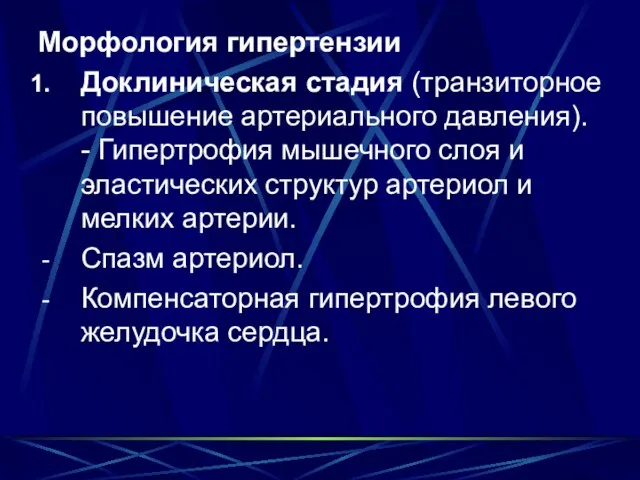 Морфология гипертензии Доклиническая стадия (транзиторное повышение артериального давления). - Гипертрофия мышечного слоя