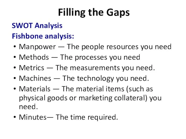 Filling the Gaps SWOT Analysis Fishbone analysis: Manpower — The people resources