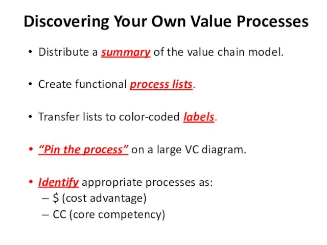 Discovering Your Own Value Processes Distribute a summary of the value chain