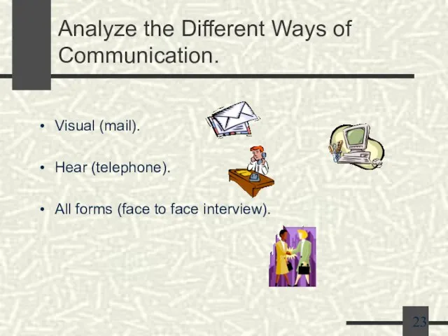 Analyze the Different Ways of Communication. Visual (mail). Hear (telephone). All forms (face to face interview).