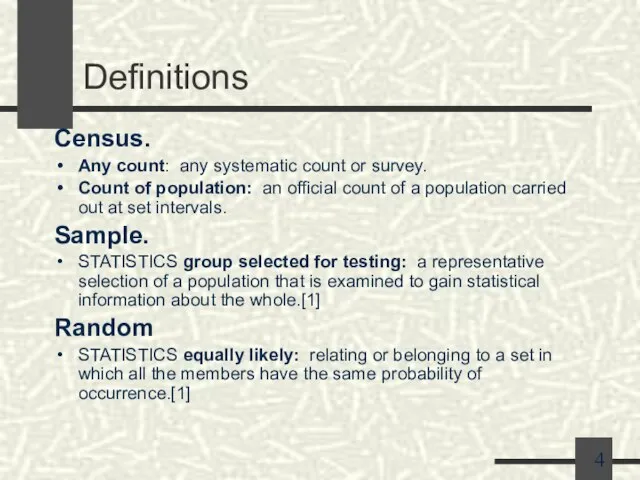 Definitions Census. Any count: any systematic count or survey. Count of population: