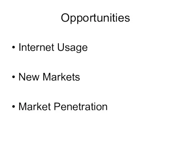 Opportunities • Internet Usage • New Markets • Market Penetration