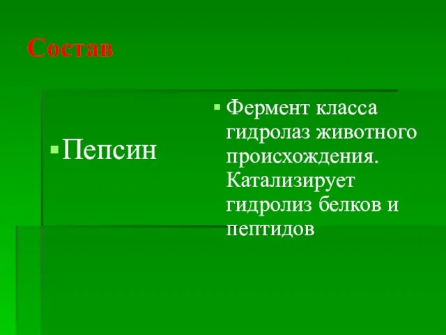 Состав Пепсин Фермент класса гидролаз животного происхождения. Катализирует гидролиз белков и пептидов