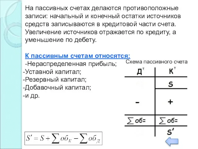 На пассивных счетах делаются противоположные записи: начальный и конечный остатки источников средств