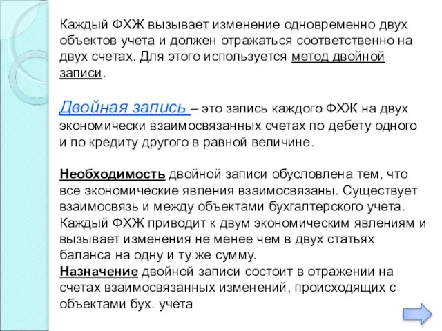 Каждый ФХЖ вызывает изменение одновременно двух объектов учета и должен отражаться соответственно