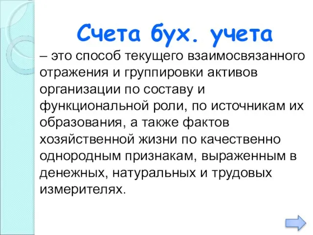 Счета бух. учета – это способ текущего взаимосвязанного отражения и группировки активов