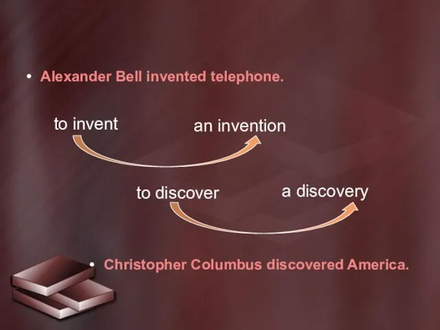 to invent Alexander Bell invented telephone. Christopher Columbus discovered America. to discover an invention a discovery