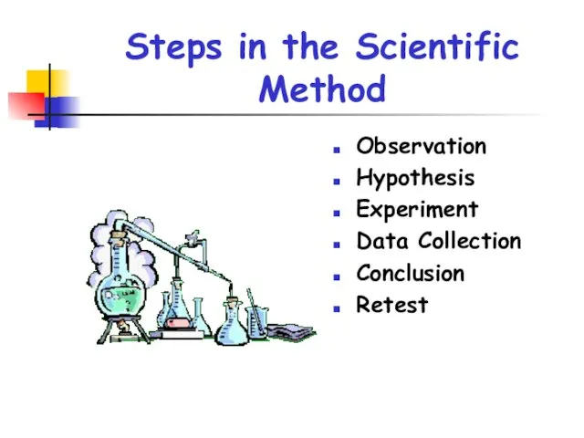 Steps in the Scientific Method Observation Hypothesis Experiment Data Collection Conclusion Retest