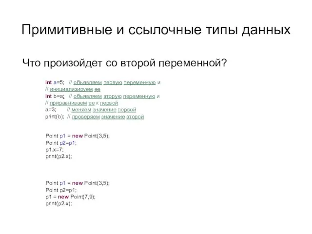 Примитивные и ссылочные типы данных Что произойдет со второй переменной? int a=5;