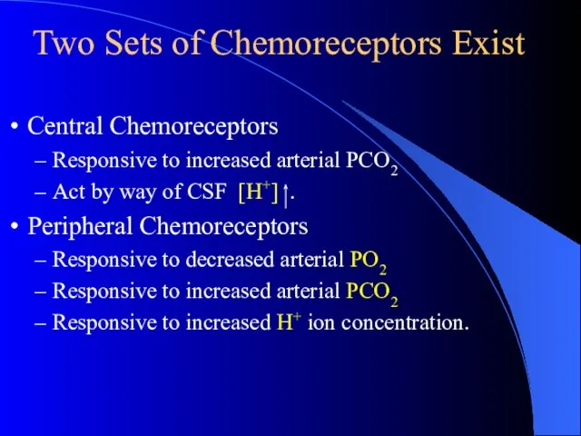 Two Sets of Chemoreceptors Exist Central Chemoreceptors Responsive to increased arterial PCO2