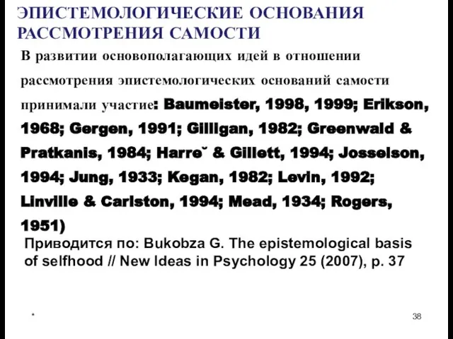 * ЭПИСТЕМОЛОГИЧЕСКИЕ ОСНОВАНИЯ РАССМОТРЕНИЯ САМОСТИ Приводится по: Bukobza G. The epistemological basis