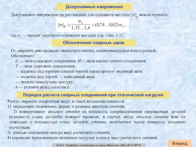 Вперед © В.Б. Тарабарин «Семинары по курсу Механика ДМ»-2013 МГТУ Допускаемое напряжение