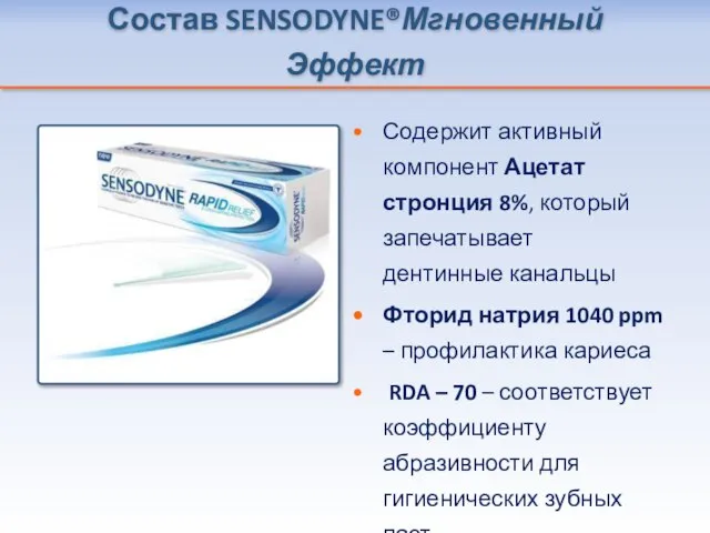 Состав SENSODYNE®Мгновенный Эффект Содержит активный компонент Ацетат стронция 8%, который запечатывает дентинные